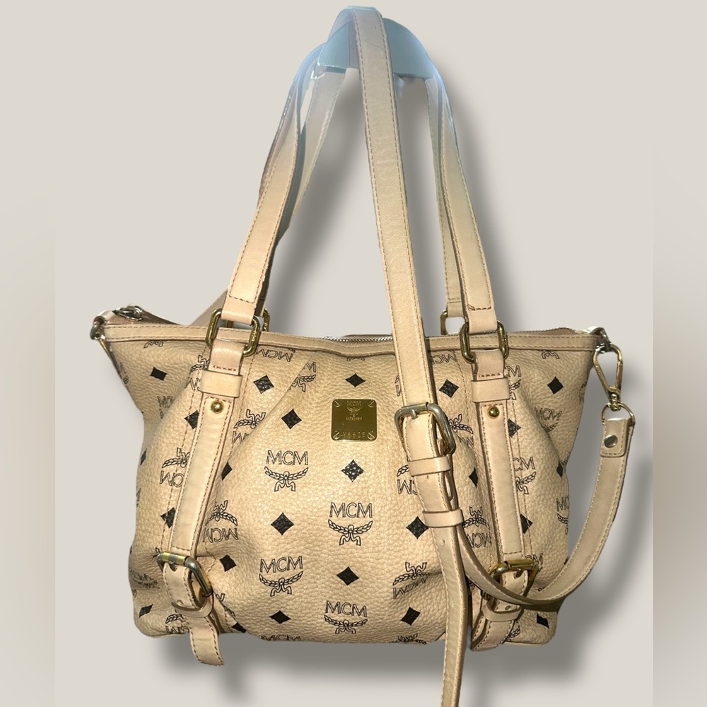 MCM Visetos Tan Beige Black Monogram Two Way Bag Tote Shoulder Crossbody